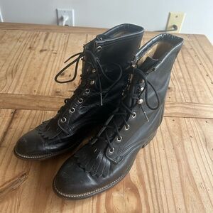 Black vintage western Leather Lace-Up roper Boots